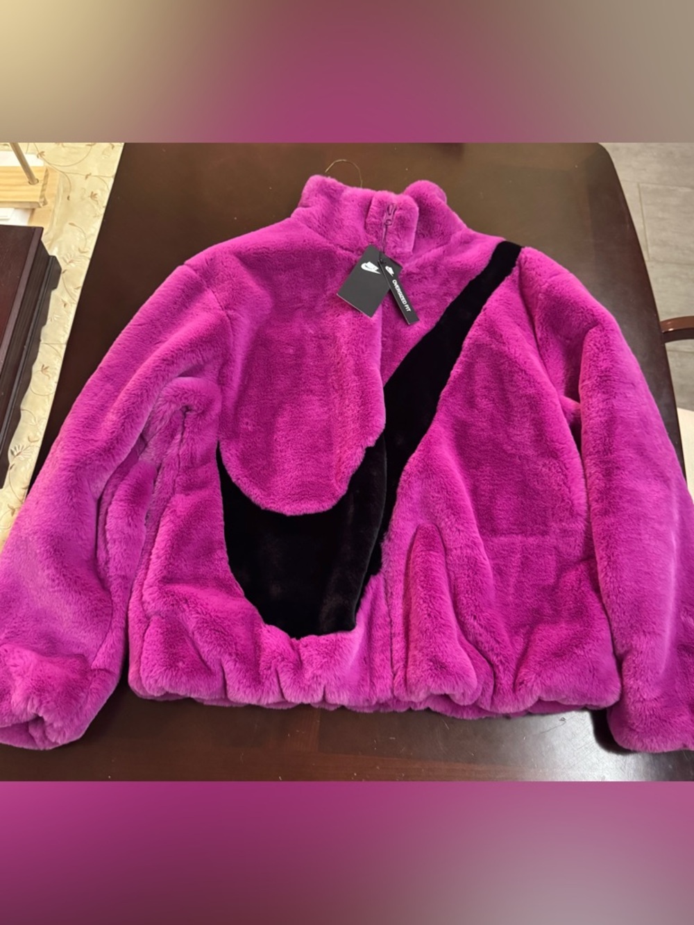 Nike Magenta Faux-Fur Puffer Jacket with Black Swoosh